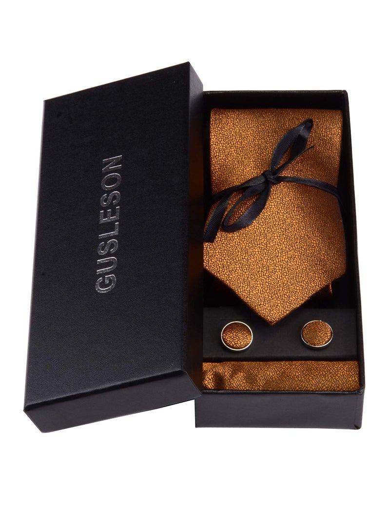 GUSLESON Mens Gold Solid Tie with Pocket Square Cufflinks set Woven Silk Necktie (0756-11) - Image 2